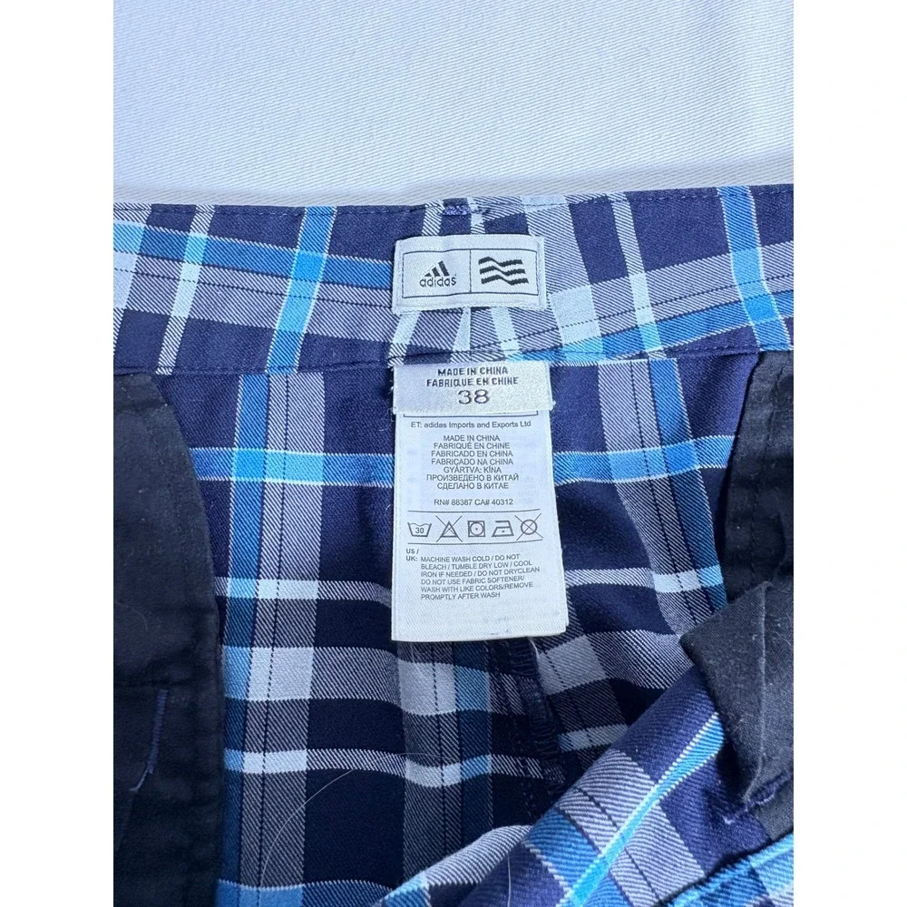 Adidas Golf Shorts 38 Blue Plaid Excellent Performance Polyester Mens Activewear